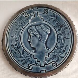 Rare Victorian J & JG Low Portrait Art Tile With Silver Repousse Rim